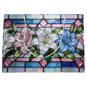Elegant Stained Glass Lily Floral Design in Soft P Large Gift Bag