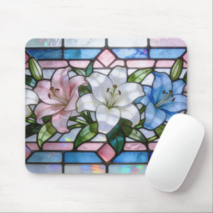 Elegant Stained Glass Lily Floral Design in Soft P Mouse Pad