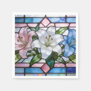 Elegant Stained Glass Lily Floral Design in Soft P Napkin