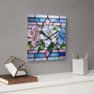 Elegant Stained Glass Lily Floral Design in Soft P Square Wall Clock