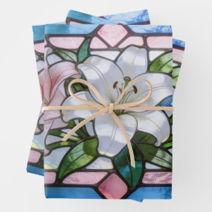 Elegant Stained Glass Lily Floral Design in Soft P Wrapping Paper Sheet