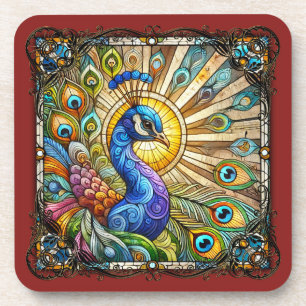 Elegant Stained Glass Peacock Art Nouveau Coaster