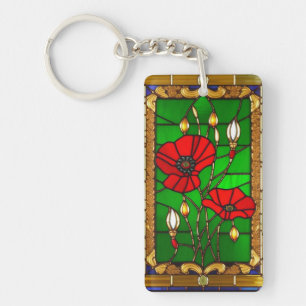 Elegant Stained Glass Red Flowers Key Ring