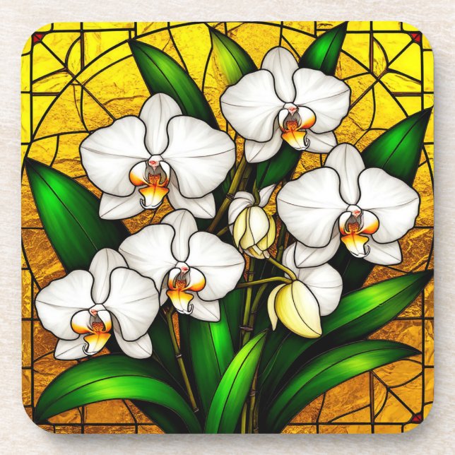 Elegant Stained Glass White Orchids Coaster (Front)