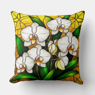 Elegant Stained Glass White Orchids Cushion
