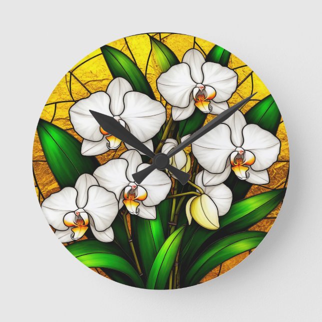 Elegant Stained Glass White Orchids Round Clock (Front)