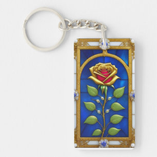 Elegant Stained Glass Window With Golden Rose Key Ring