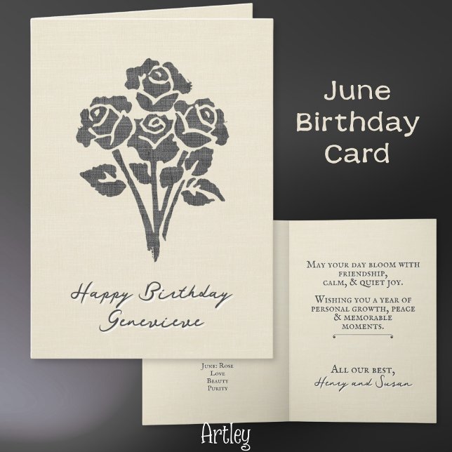 Elegant Stamped Rose June Birth Flower Linen Card (Creator Uploaded)