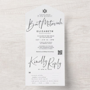 Elegant Star of David Bat Mitzvah QR Meal Option All In One Invitation