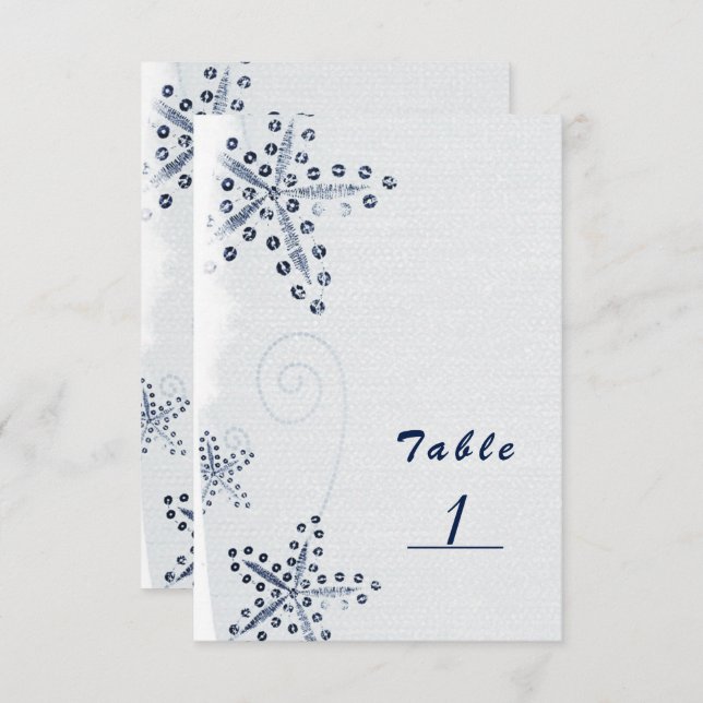 Elegant Starfish & Sequins Blue Beach Table Number (Front/Back)