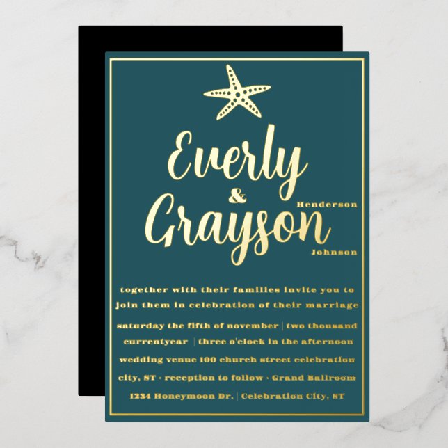 Elegant Starfish Teal and Gold Beach Wedding       (Front/Back)