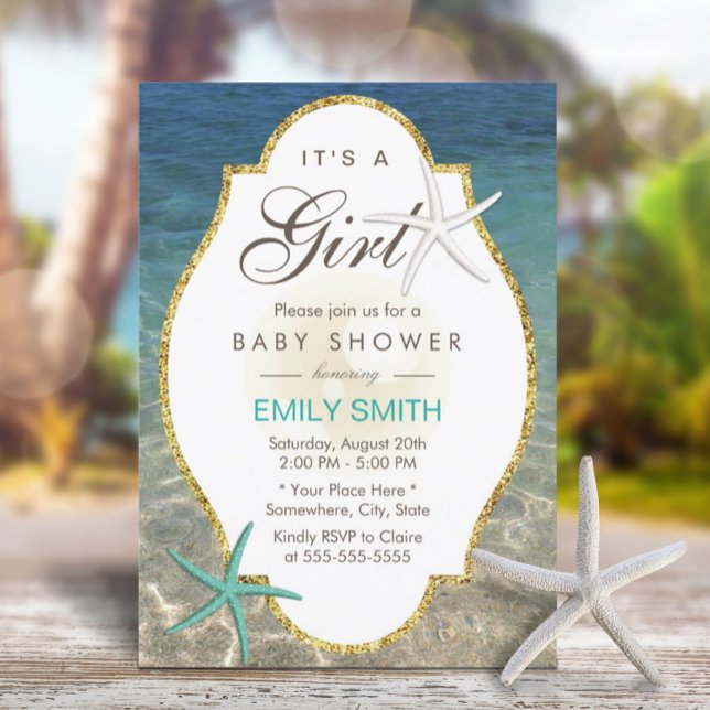 Elegant Starfish Tropical Beach Girl Baby Shower Invitation (Creator Uploaded)