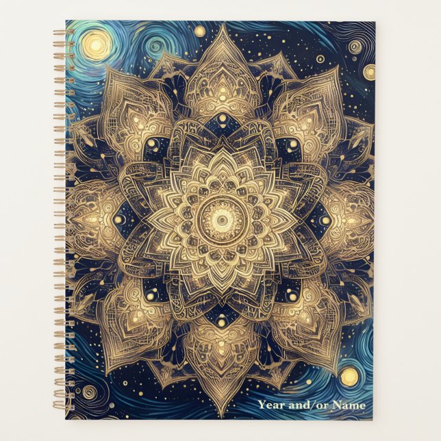 Elegant Starry Night Nebula Blue Gold Mandala Art Planner (Front)