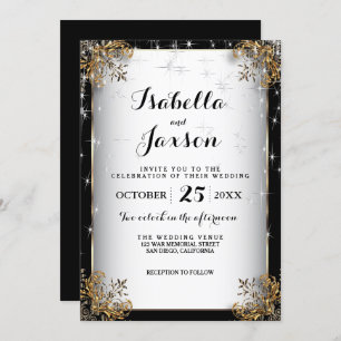 Elegant Starry Night Wedding in Black and Gold Invitation