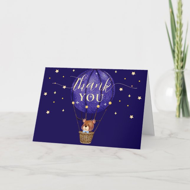 Elegant Stars Bear Hot Air Balloon Boy Baby Shower Thank You Card (Front)