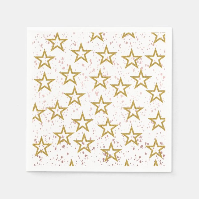 Elegant Stars Confetti Pink, White And Gold Party Napkin (Front)