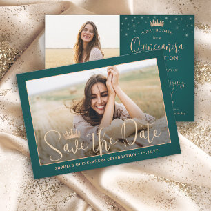 Elegant Stars Rose Gold Quinceañera 2 Photo Green Save The Date