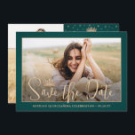 Elegant Stars Rose Gold Quinceañera 2 Photo Green Save The Date<br><div class="desc">Share the joyful news of an upcoming Quinceañera celebration with chic modern 2 photo save the date invitations. The pictures and all wording on this template are simple to personalise. The colours and font styles can be easily customised with the Zazzle Design Editor tool. The forest green and rose gold...</div>