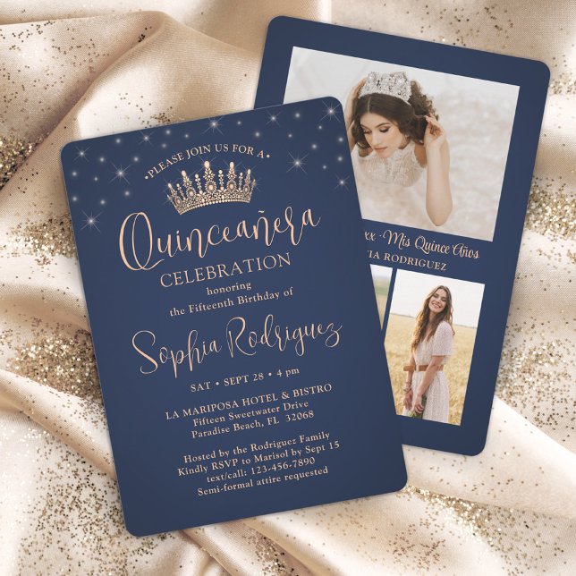 Elegant Stars Rose Gold Quinceañera 3 Photo Blue Invitation (Creator Uploaded)