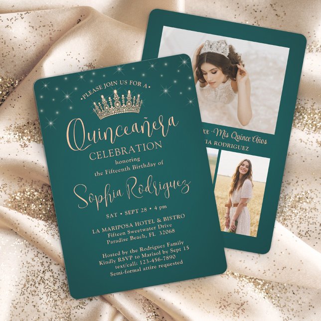 Elegant Stars Rose Gold Quinceañera 3 Photo Green Invitation (Creator Uploaded)