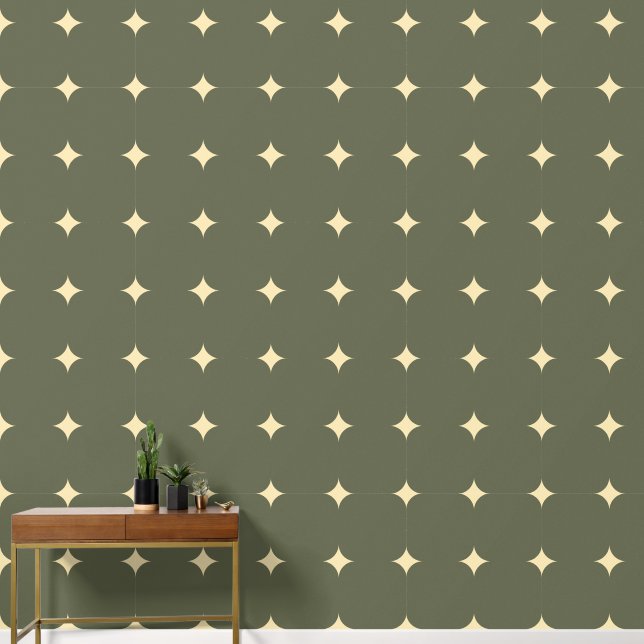 Elegant Stars Tan Dark Green Yellow Grey Pattern Wallpaper (Hallway)