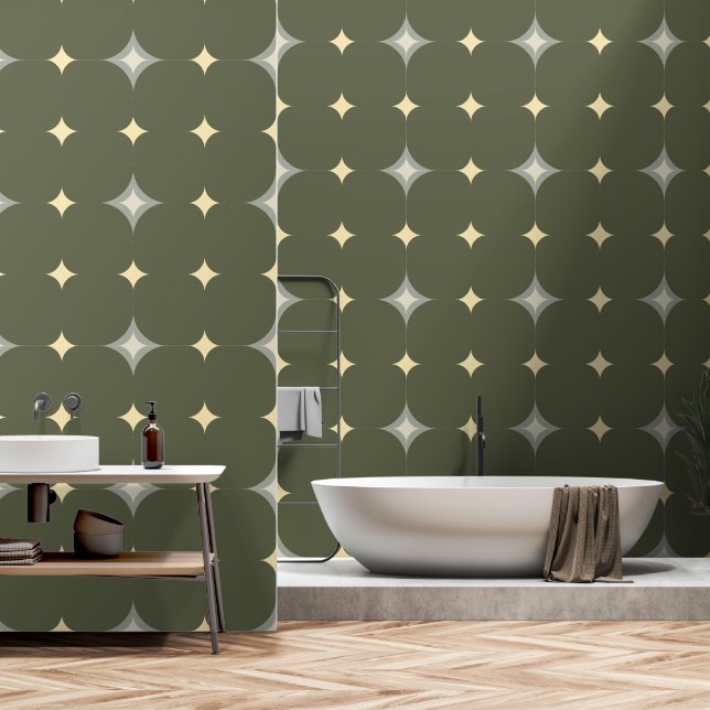 Elegant Stars Tan & Grey Dark Green Yellow Pattern Wallpaper (Bathroom)