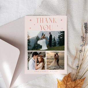 Elegant Stars Wedding Multi Photo Peach Thank You Card