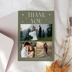 Elegant Stars Wedding Multi Photo Sage Green Thank You Card
