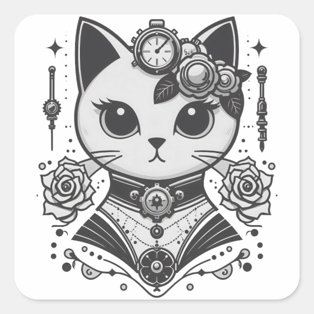 Elegant Steampunk Victorian Cat Square Sticker (Front)