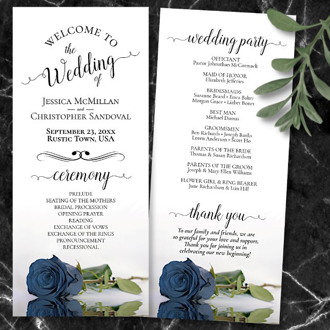 Elegant Steel Blue Rose Simple Romantic Wedding Programme (Front and Back)