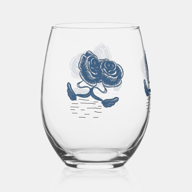 Elegant Stemless Wine Glass with Blue Swans (Front)