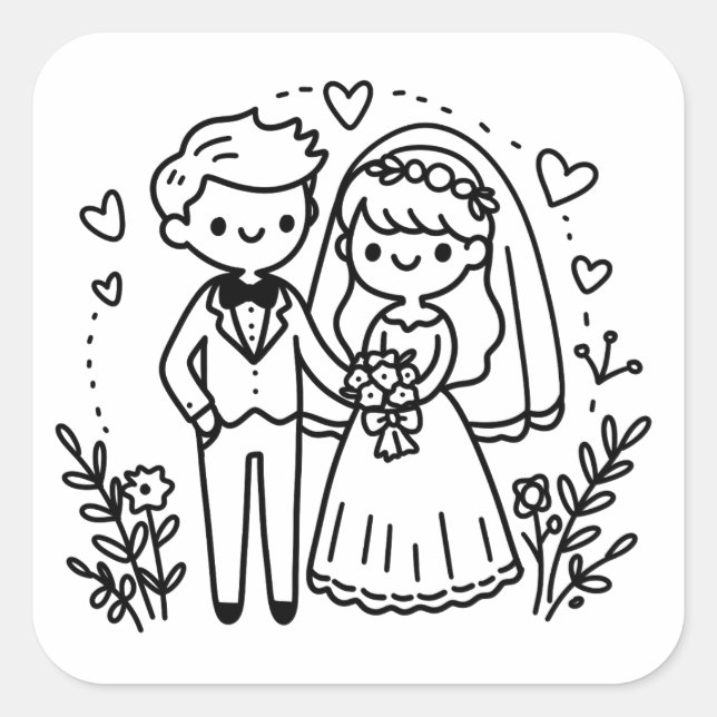 Elegant Stick Figure Bride and Groom Wedding Square Sticker (Front)
