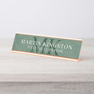 Elegant Stone Texture Dark Green Monogram Name Desk Name Plate