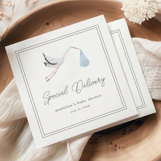 Elegant Stork Baby Shower Napkin (Elegant hand painted stork blue boys baby shower napkins.)