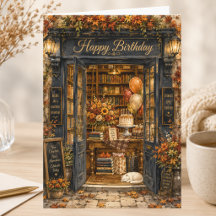 Elegant Storybook Autumn Bookshop Happy Birthday