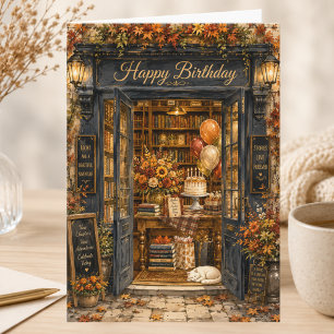 Elegant Storybook Autumn Bookshop Happy Birthday Card