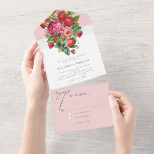 Elegant Strawberry and Peonies Wedding Rsvp All In One Invitation