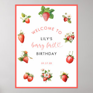Elegant Strawberry Berry First Birthday Party Sign