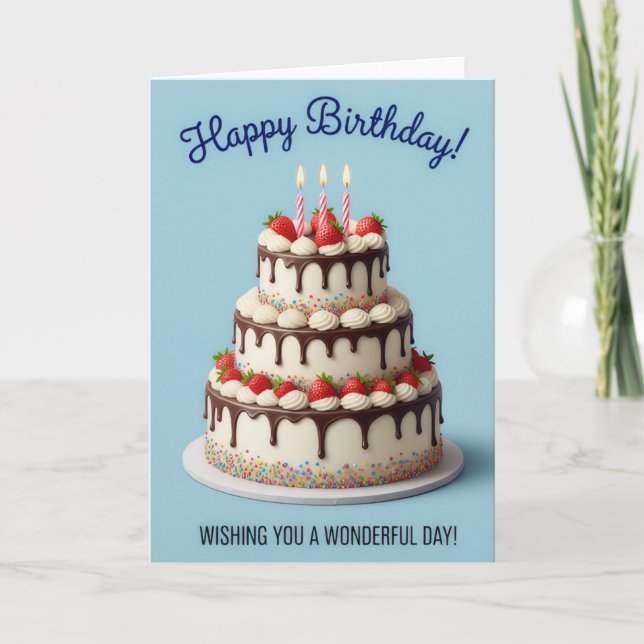 Elegant Strawberry Drip Cake – Happy Birthday Card (Front)