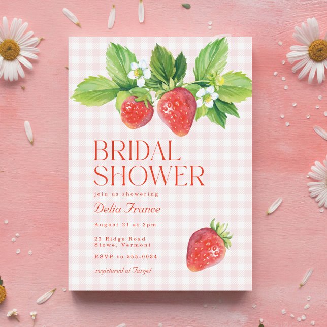 Elegant Strawberry Pink Gingham Bridal Shower Invitation (Creator Uploaded)