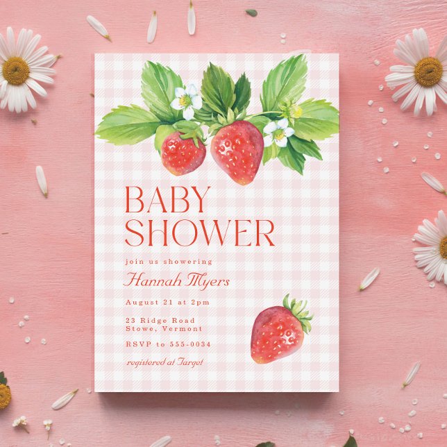 Elegant Strawberry Pink Gingham Girl Baby Shower Invitation (Creator Uploaded)