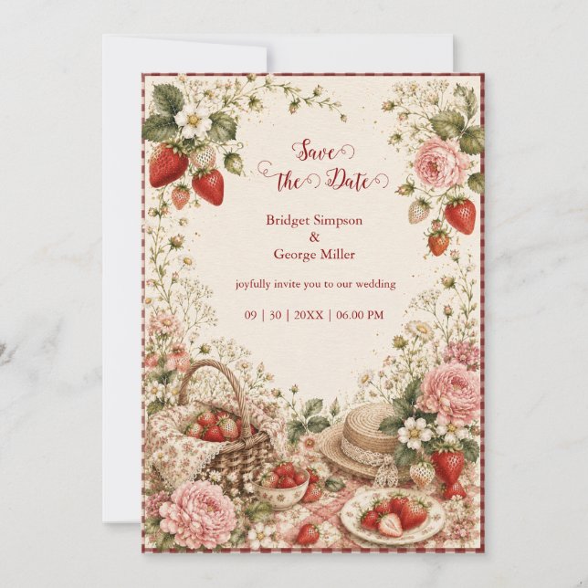 Elegant Strawberry Wedding Picnic Luxe Invitation (Front)