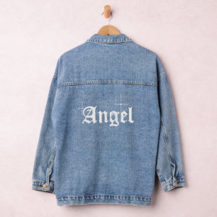 Elegant street wear Angel White text Denim Jacket