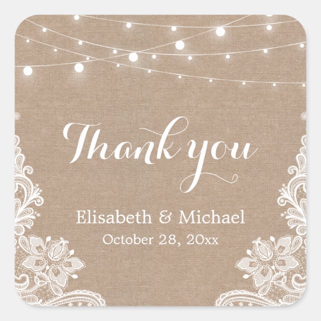 Elegant String Lights Burlap Lace Thank You Square Sticker (Front)