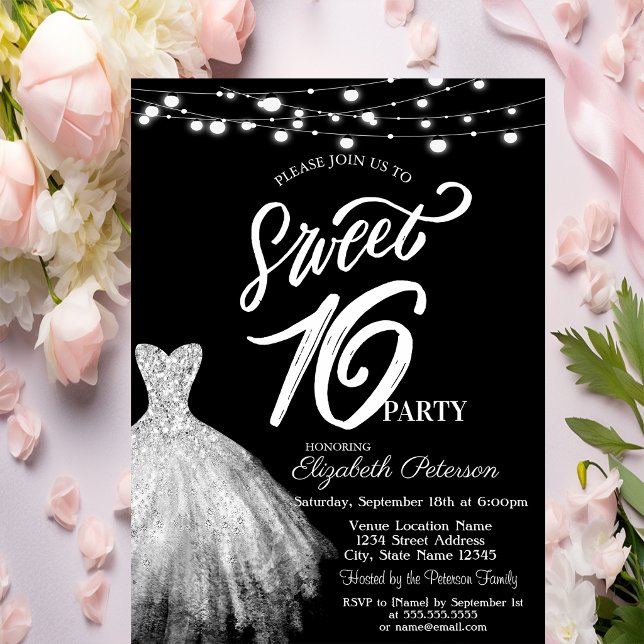 Elegant String Lights Dress Black Sweet 16 Invitation (Creator Uploaded)