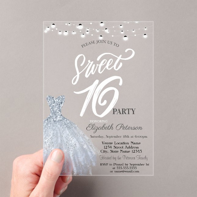 Elegant String Lights Dress Dusty Blue Sweet 16 Acrylic Invitations (Insitu (Handheld))