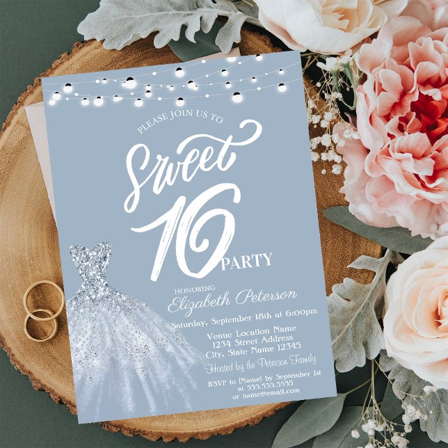 Elegant String Lights Dress Dusty Blue Sweet 16 Invitation (Creator Uploaded)