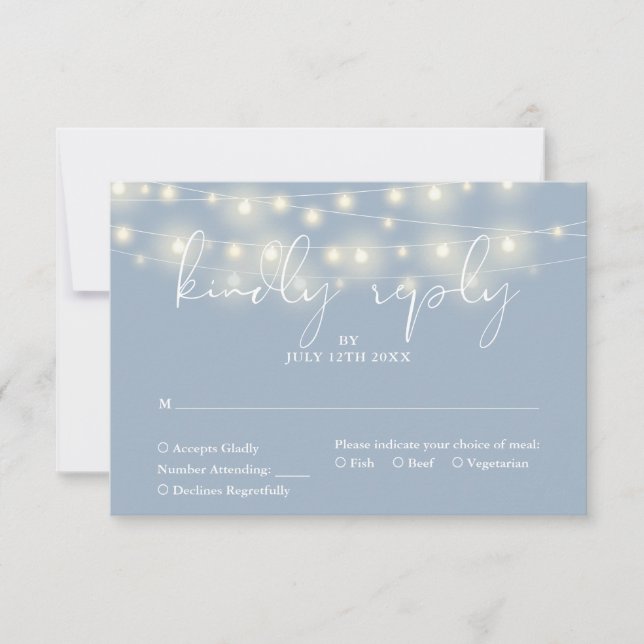 Elegant String Lights Dusty Blue Wedding RSVP Card (Front)