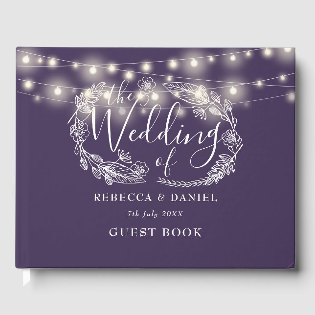 Elegant String Lights Floral Purple Wedding Guest Book (Front)
