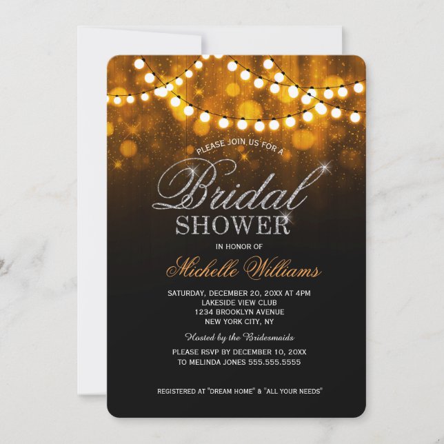 Elegant string lights gold bokeh bridal shower invitation (Front)